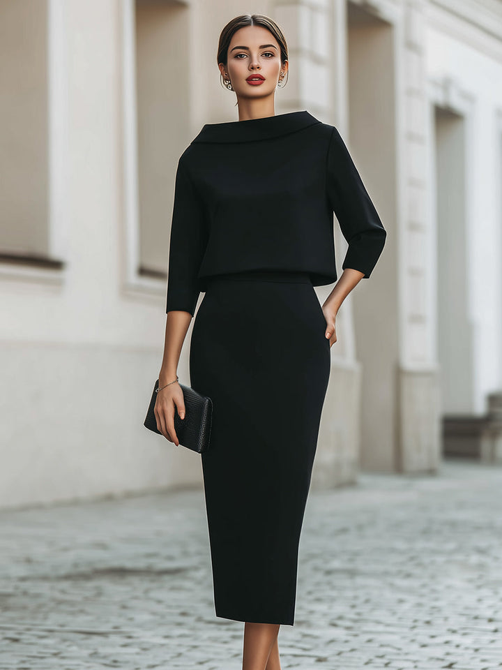 Boat Neck Top & Midi Skirt Set Casual Women's Set