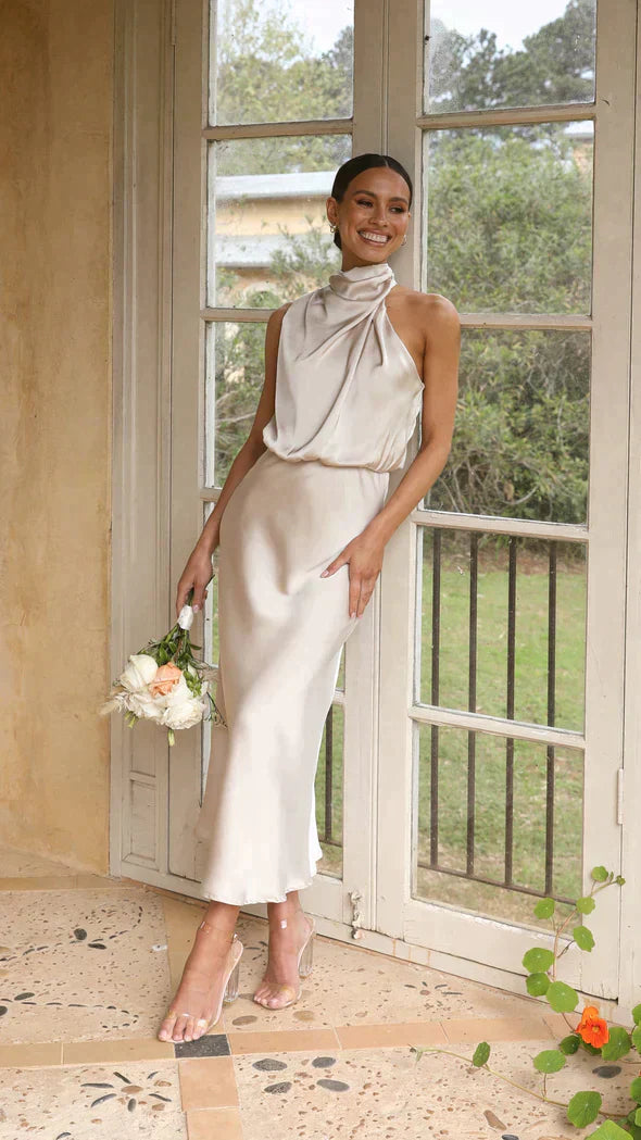 Women’s Satin Maxi Dress – Elegant Sleeveless Open Shoulder
