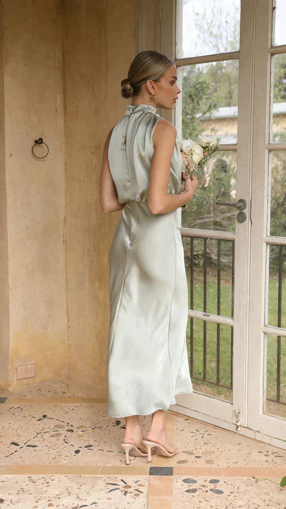 Women’s Satin Maxi Dress – Elegant Sleeveless Open Shoulder