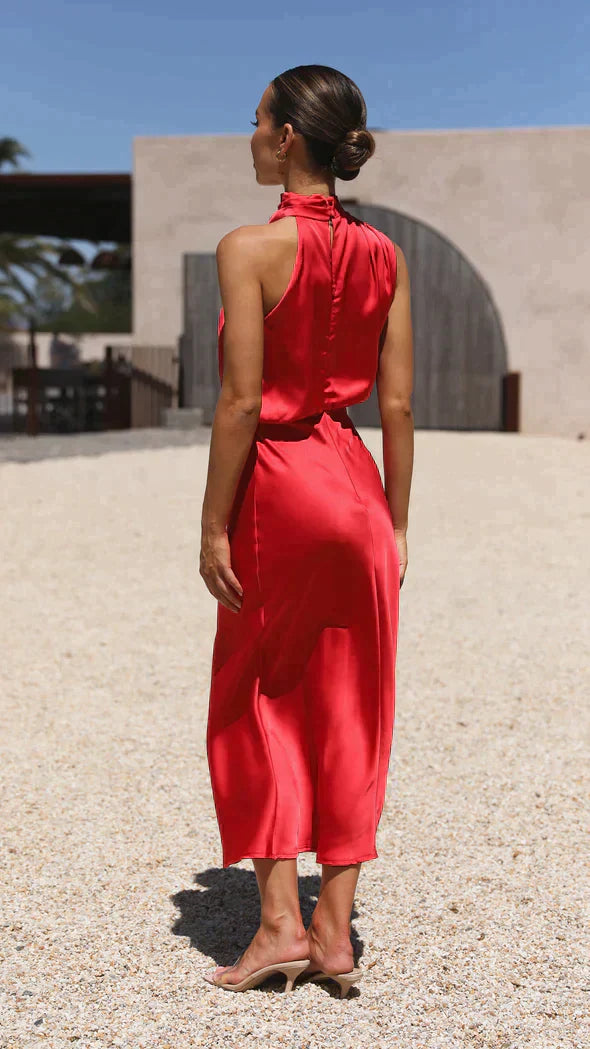 Women’s Satin Maxi Dress – Elegant Sleeveless Open Shoulder