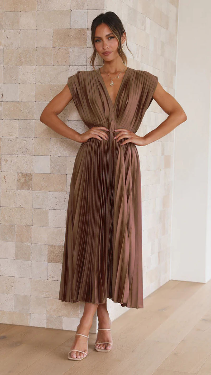 Elegant Ladies' Midi Dress with Pleated Skirt – V-Neck
