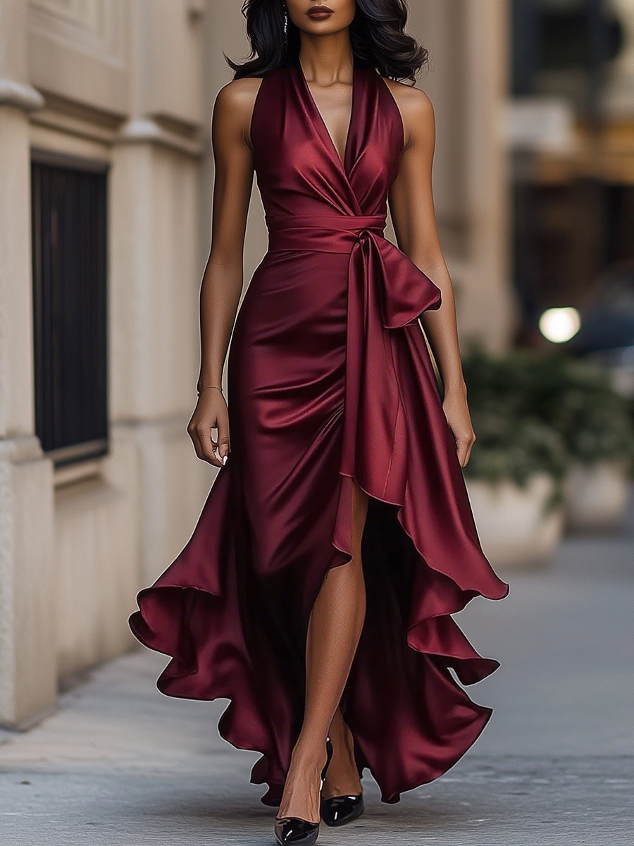 Women’s V-Neck Ruched Maxi Gown - Shimmering Evening Dress