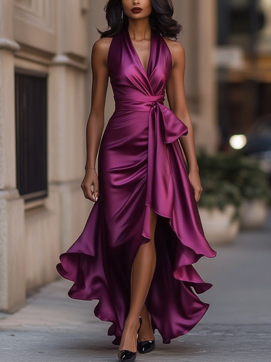 V-Neck Ruched Satin Maxi Gown for Women