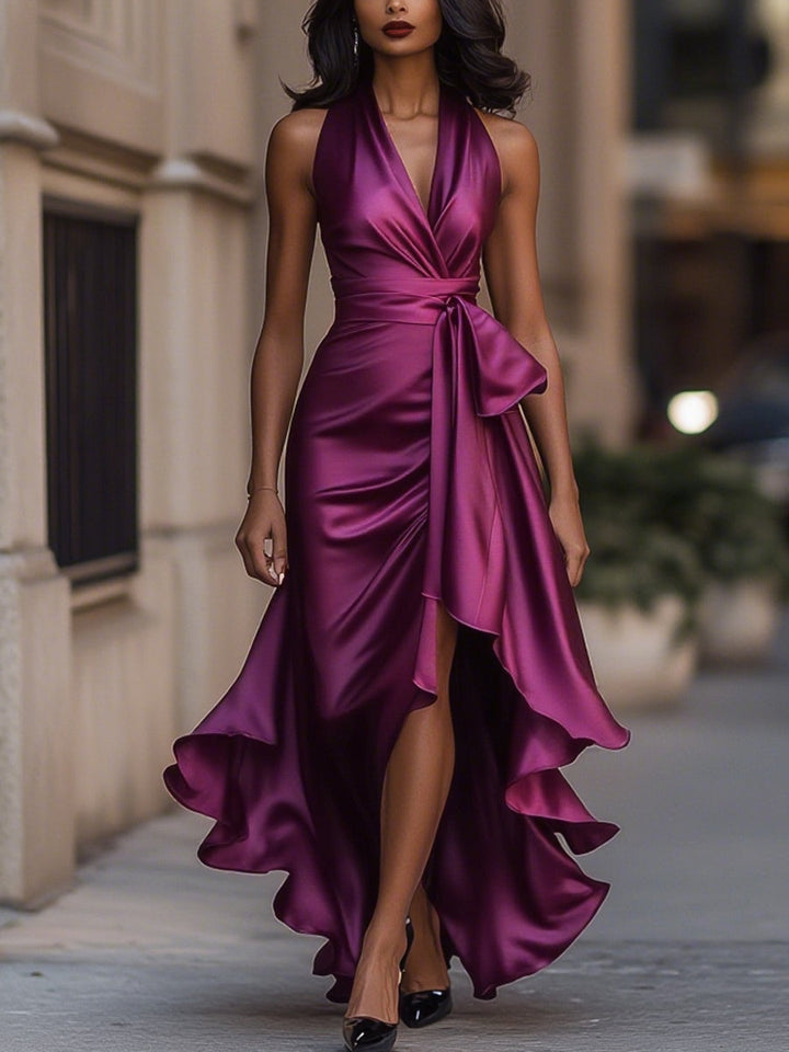V-Neck Ruched Satin Maxi Gown for Women
