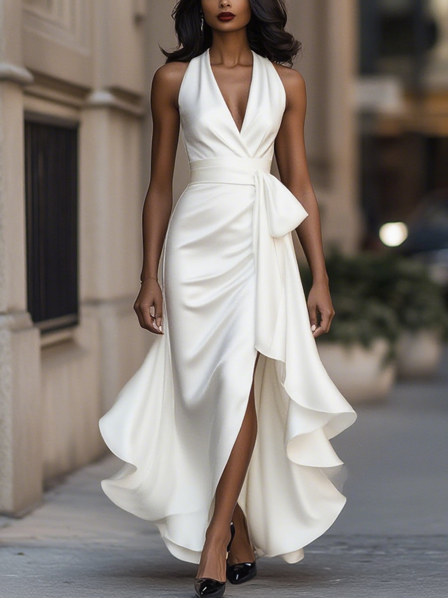 Women’s V-Neck Ruched Maxi Gown - Shimmering Evening Dress