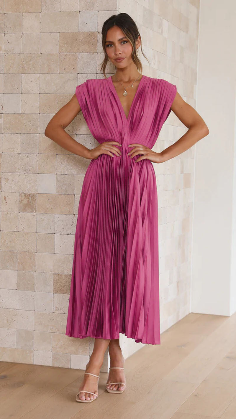 Elegant Ladies' Midi Dress with Pleated Skirt – V-Neck