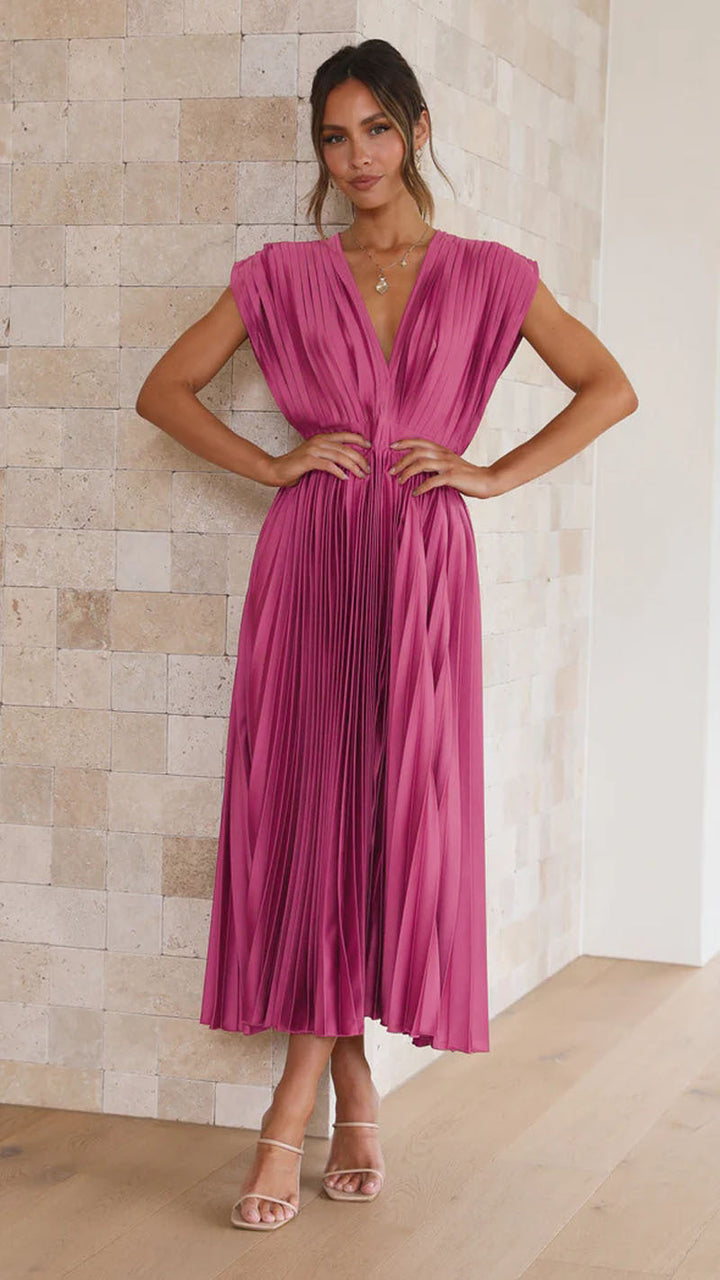 Elegant Ladies' Midi Dress with Pleated Skirt – V-Neck