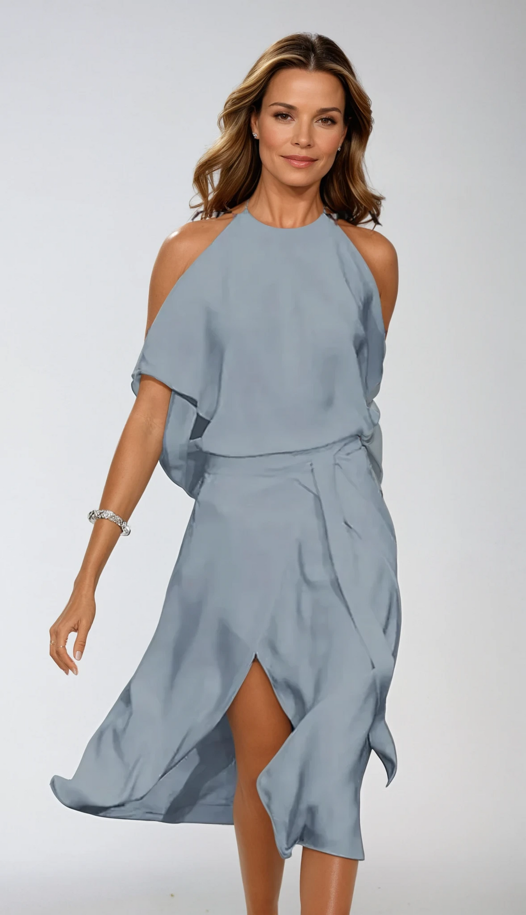 Halter Neck A-Line Dress with Slit Flowy Women's Dress