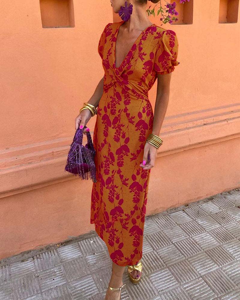 Floral Print Maxi Dress with V-neck