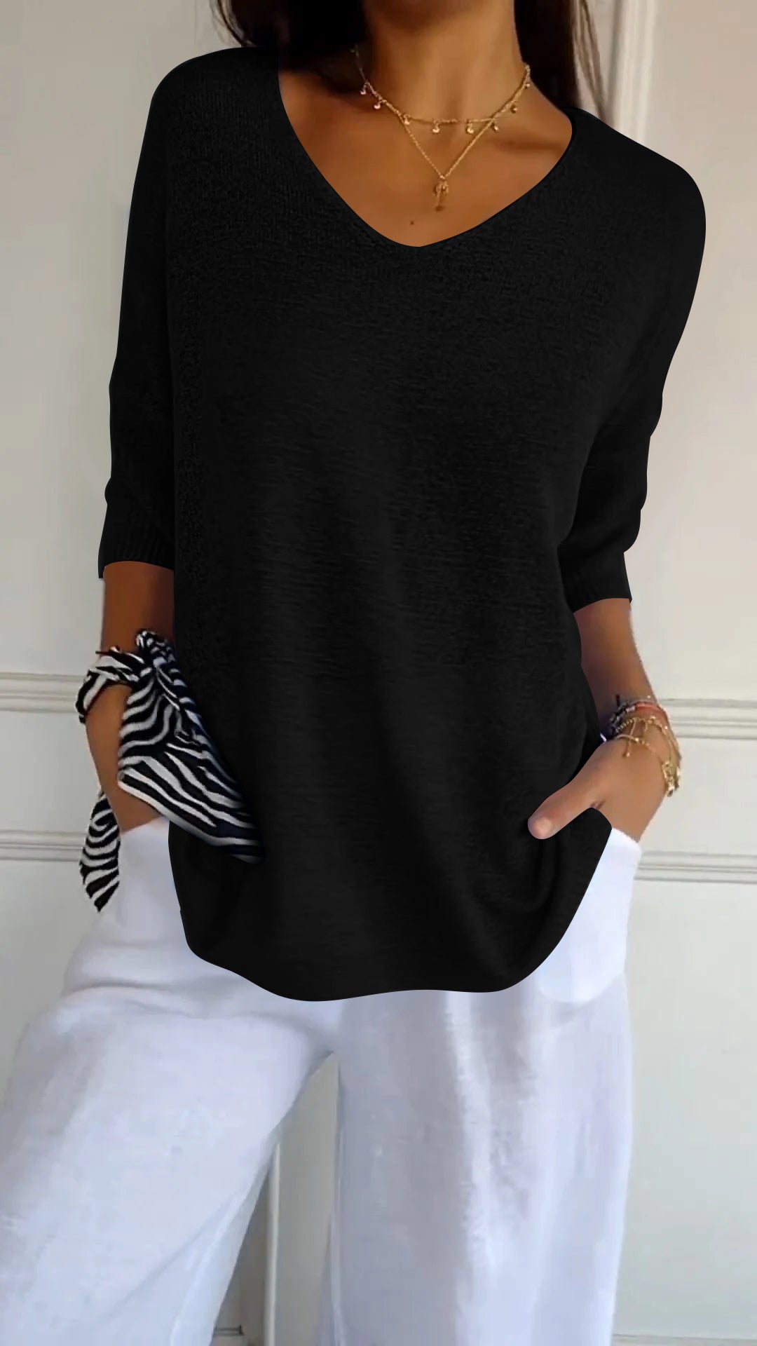V-Neck Knit Top Casual Women's Jumper
