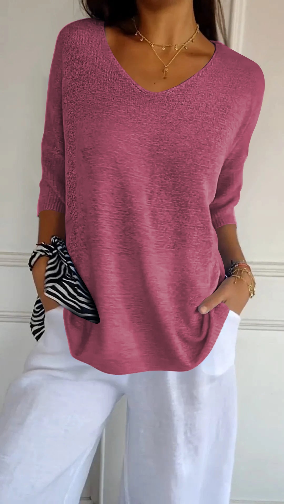 V-Neck Knit Top Casual Women's Jumper