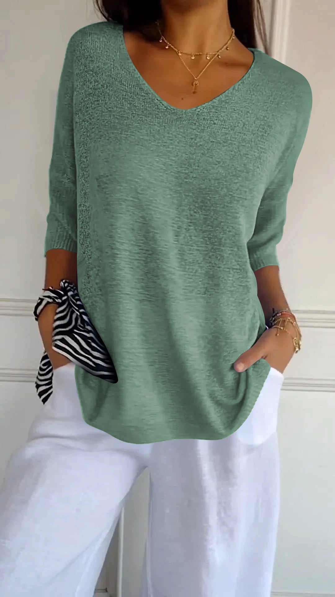 V-Neck Knit Top Casual Women's Jumper