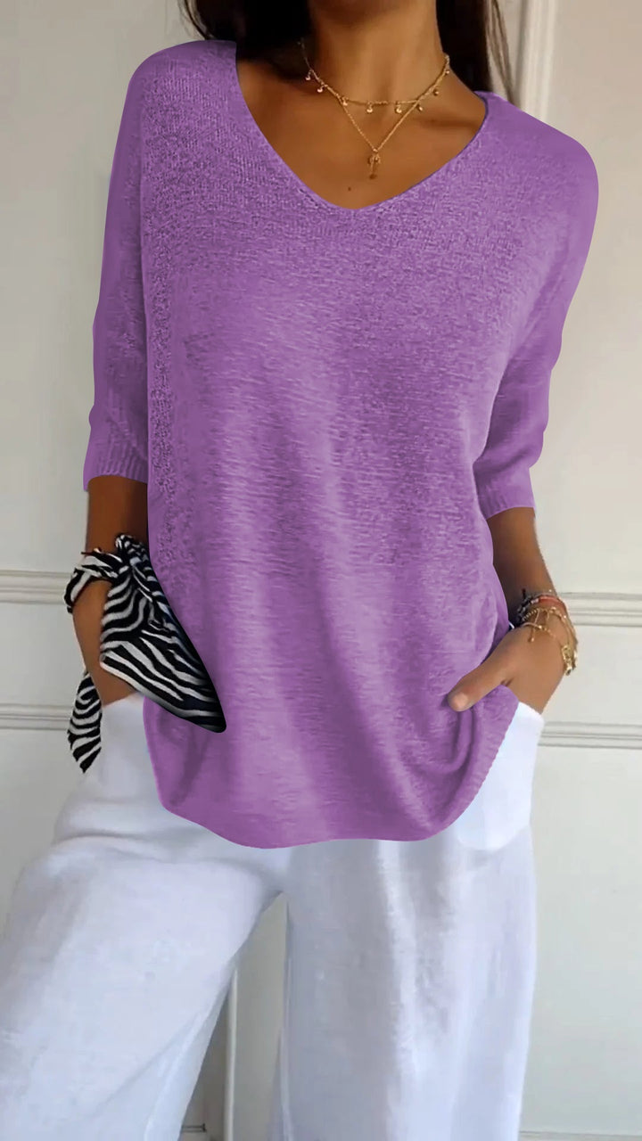 V-Neck Knit Top Casual Women's Jumper