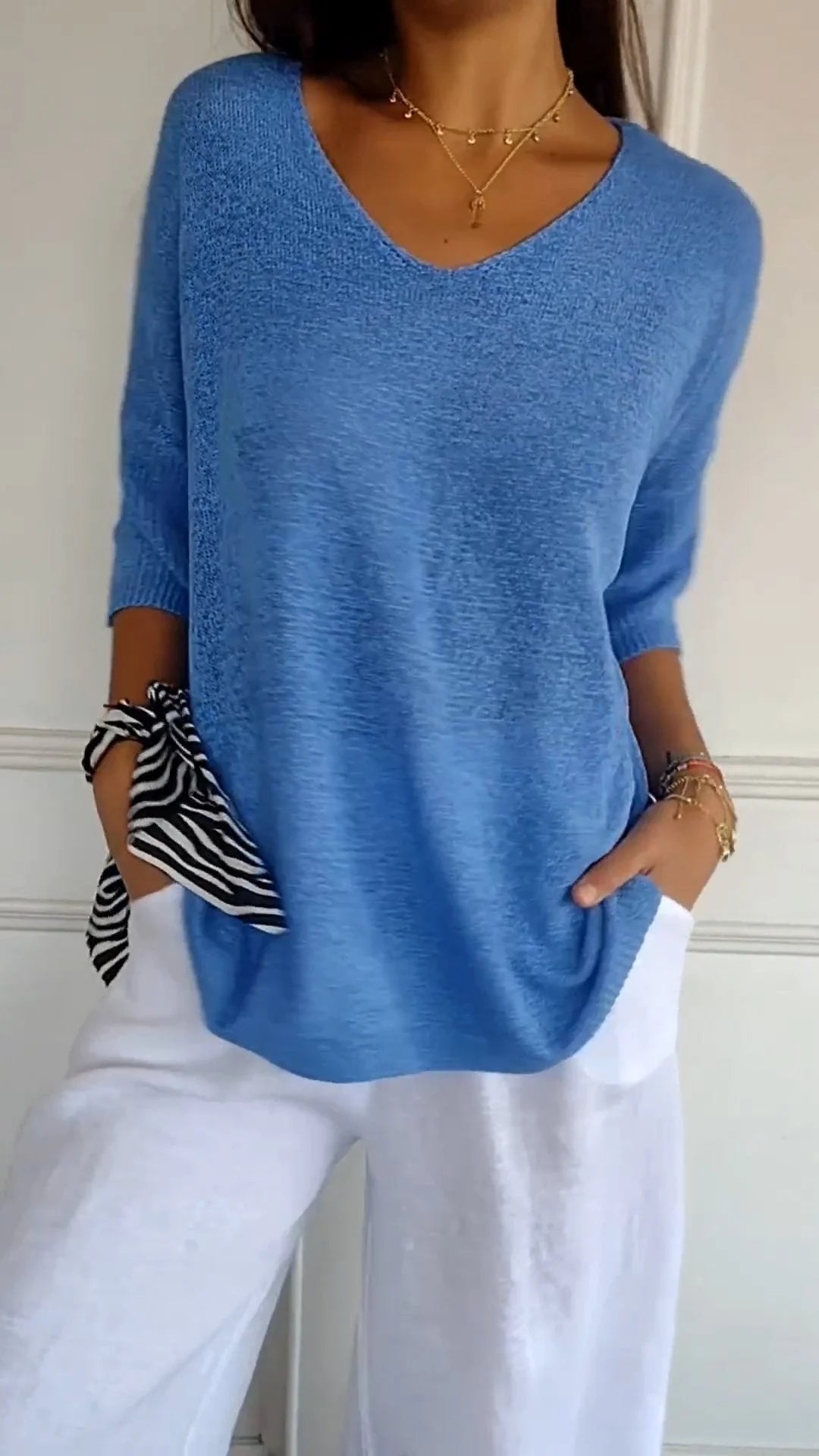 V-Neck Knit Top Casual Women's Jumper