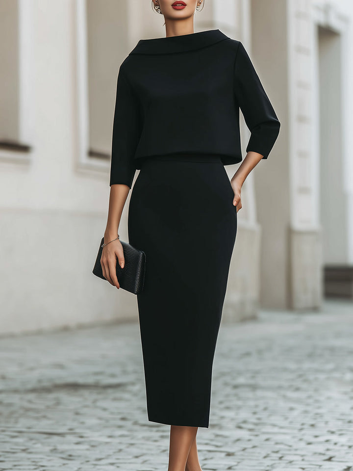 Boat Neck Top & Midi Skirt Set Casual Women's Set