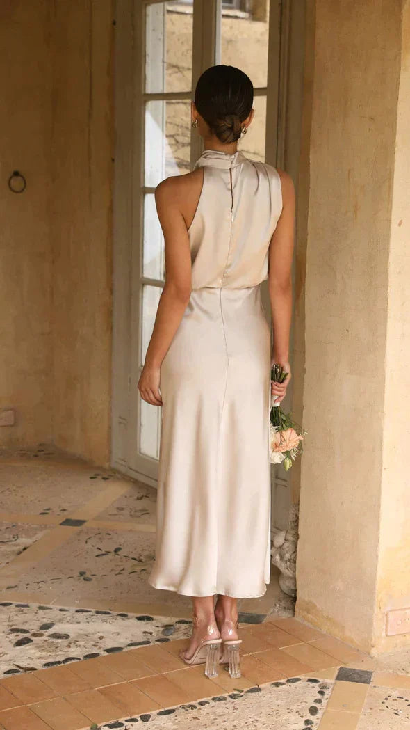 Women’s Satin Maxi Dress – Elegant Sleeveless Open Shoulder