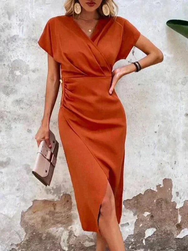 Elegant Midi Summer Dress for Women - V-Neck Design with Subtle Split