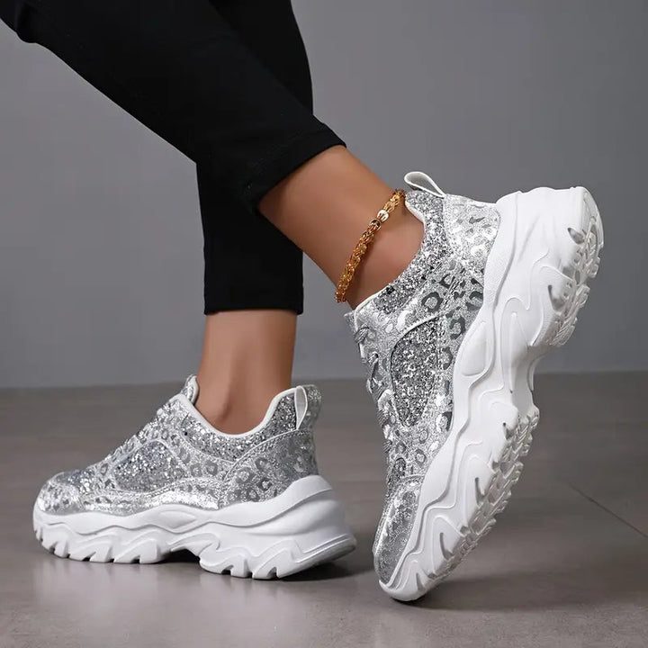 Silver chunky sneakers for women with glitter and high sole