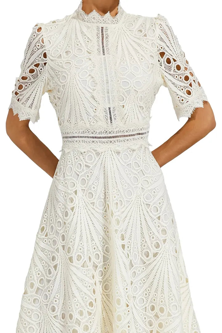Lace Midi A-Line Dress with High Neck