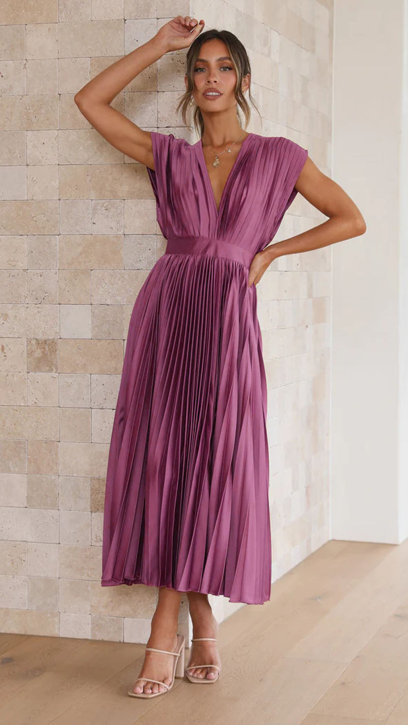 Elegant Ladies' Midi Dress with Pleated Skirt – V-Neck