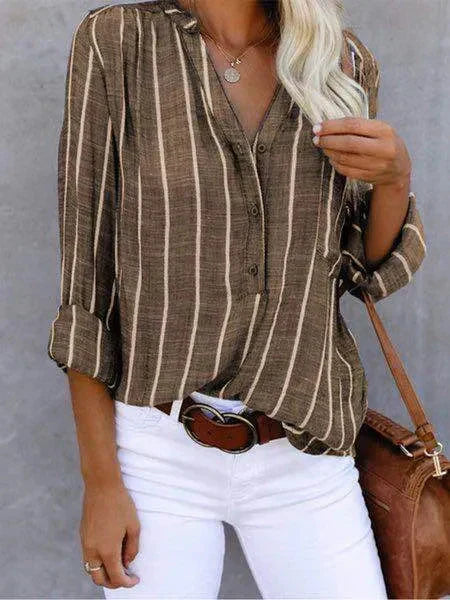 Women’s Vertical Striped Button-Down Shirt - Long Sleeve