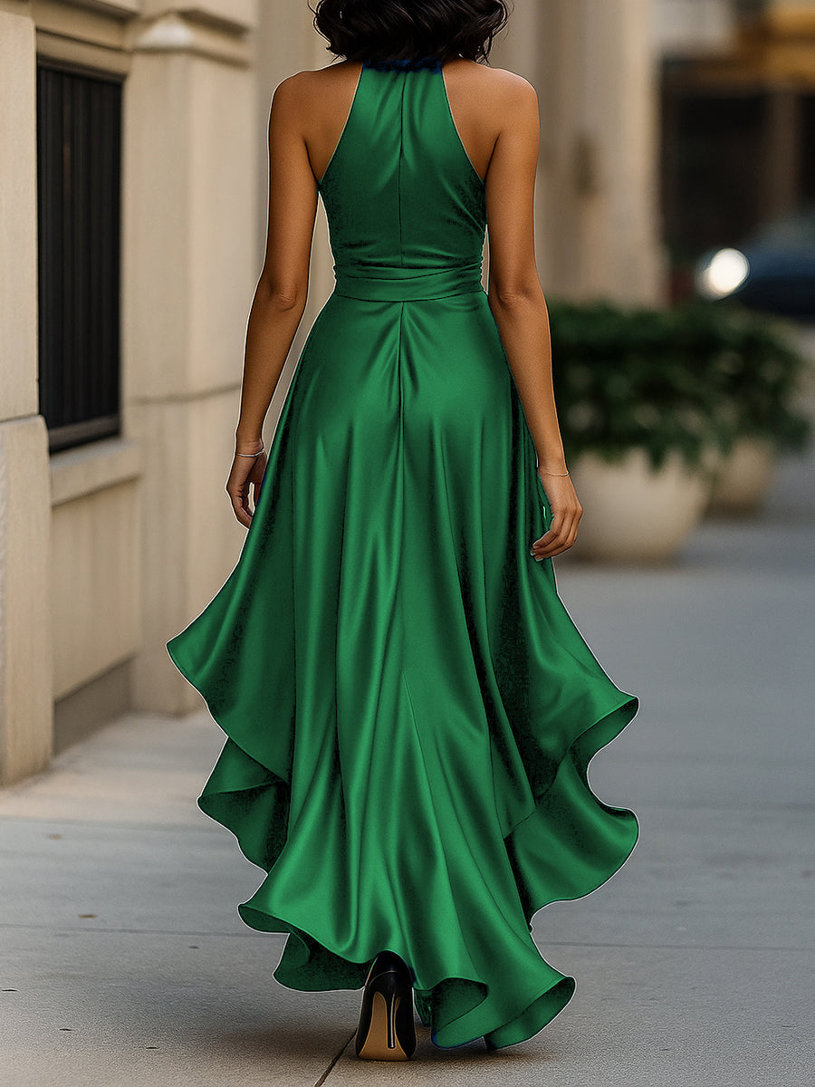 Women’s V-Neck Ruched Maxi Gown - Shimmering Evening Dress