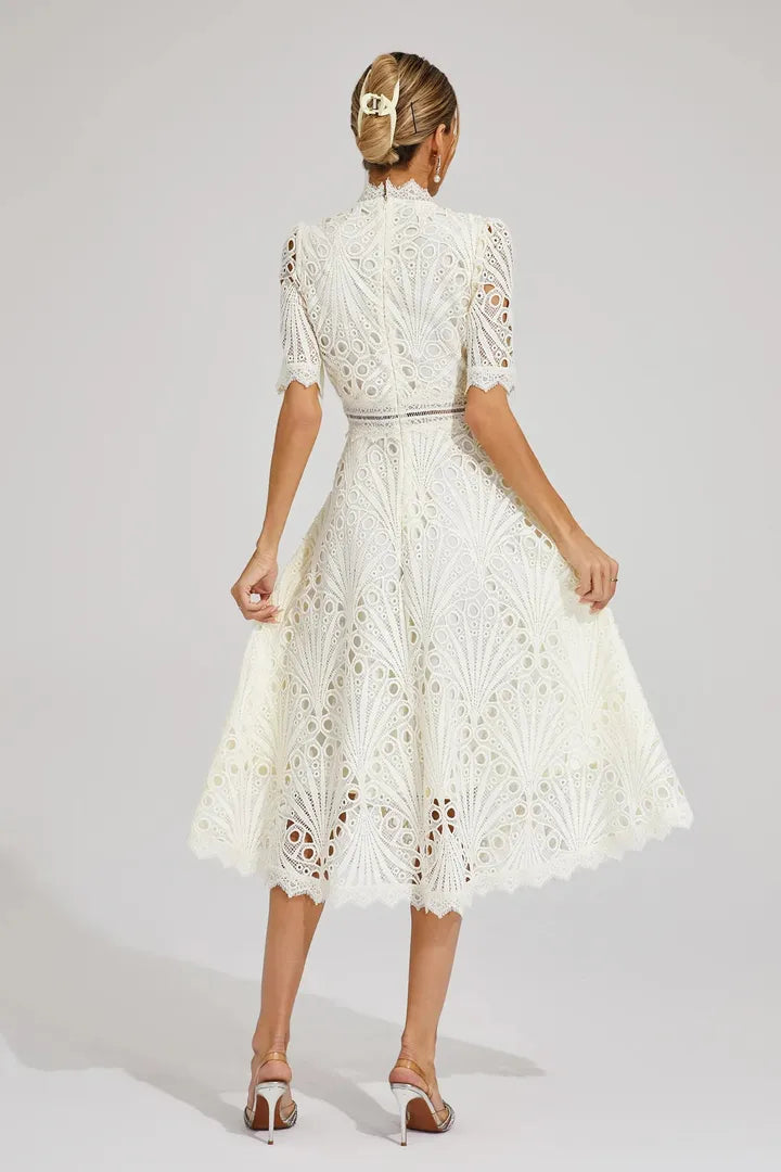 Lace Midi A-Line Dress with High Neck