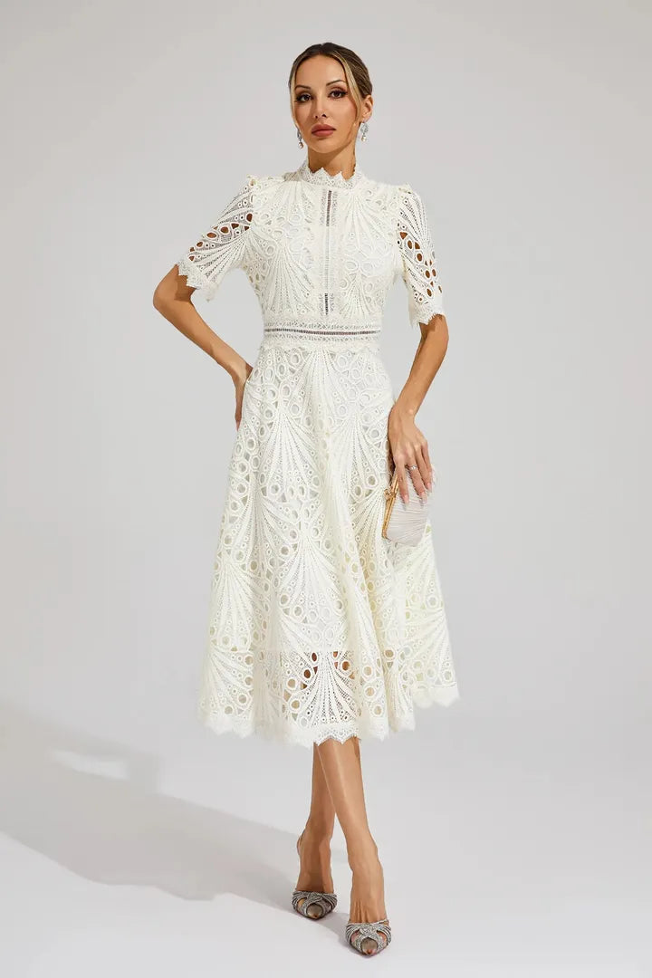 Lace Midi A-Line Dress with High Neck