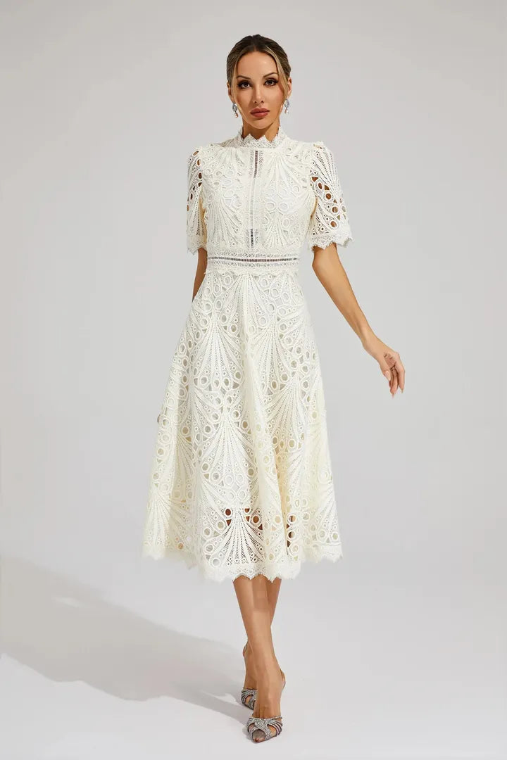 Lace Midi A-Line Dress with High Neck