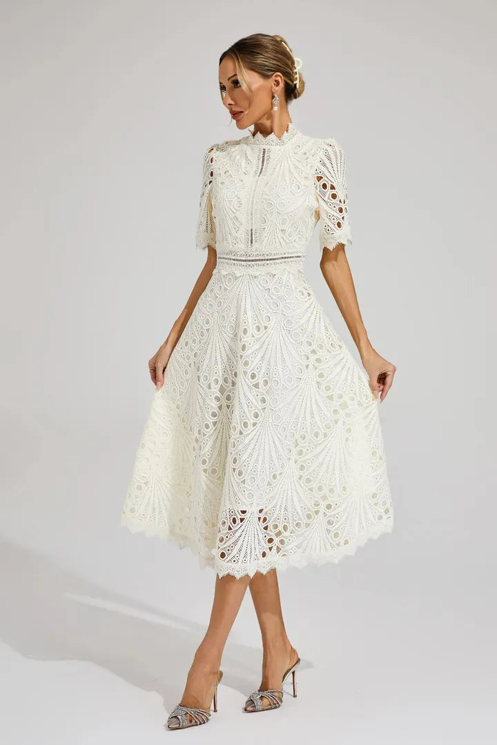 Lace Midi A-Line Dress with High Neck