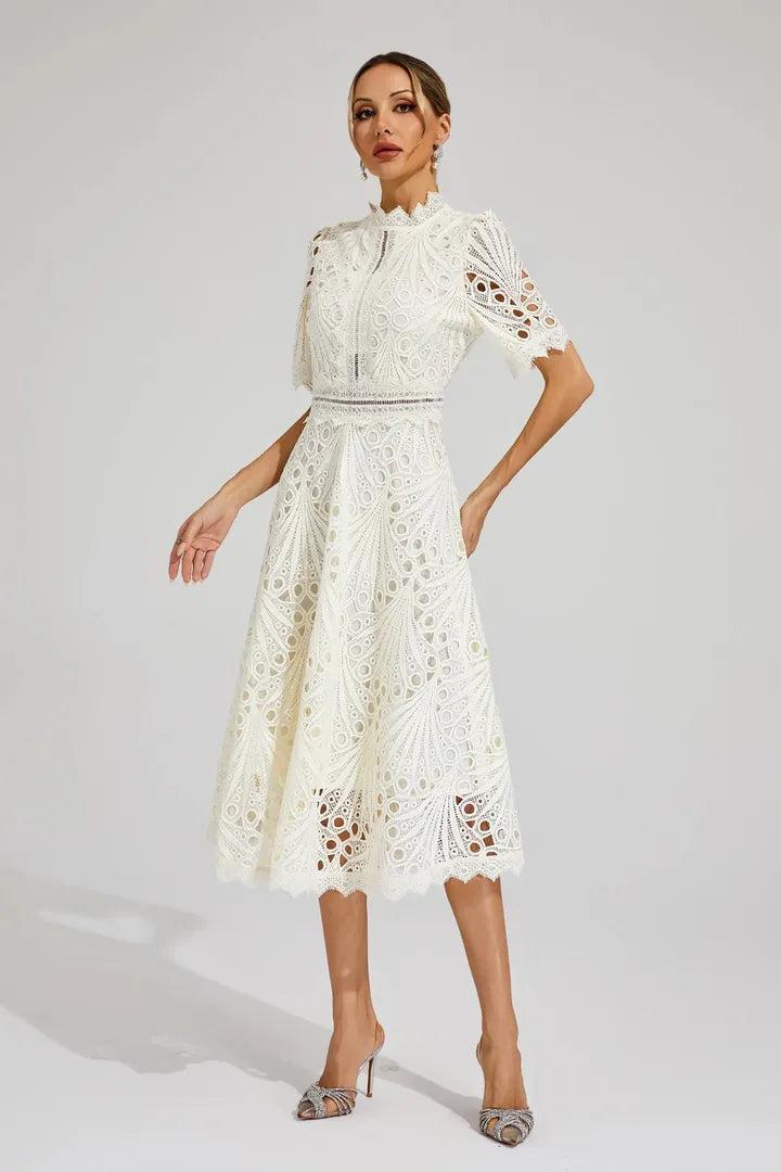 Lace Midi A-Line Dress with High Neck