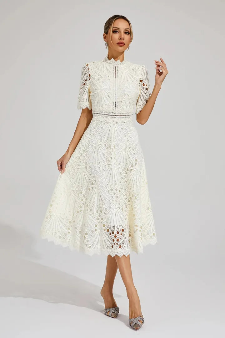 Lace Midi A-Line Dress with High Neck