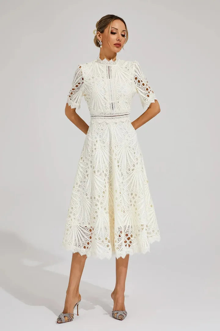 Lace Midi A-Line Dress with High Neck