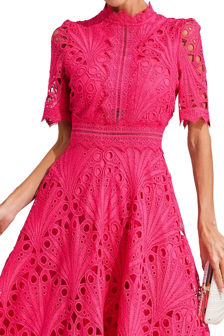 Lace Midi A-Line Dress with High Neck