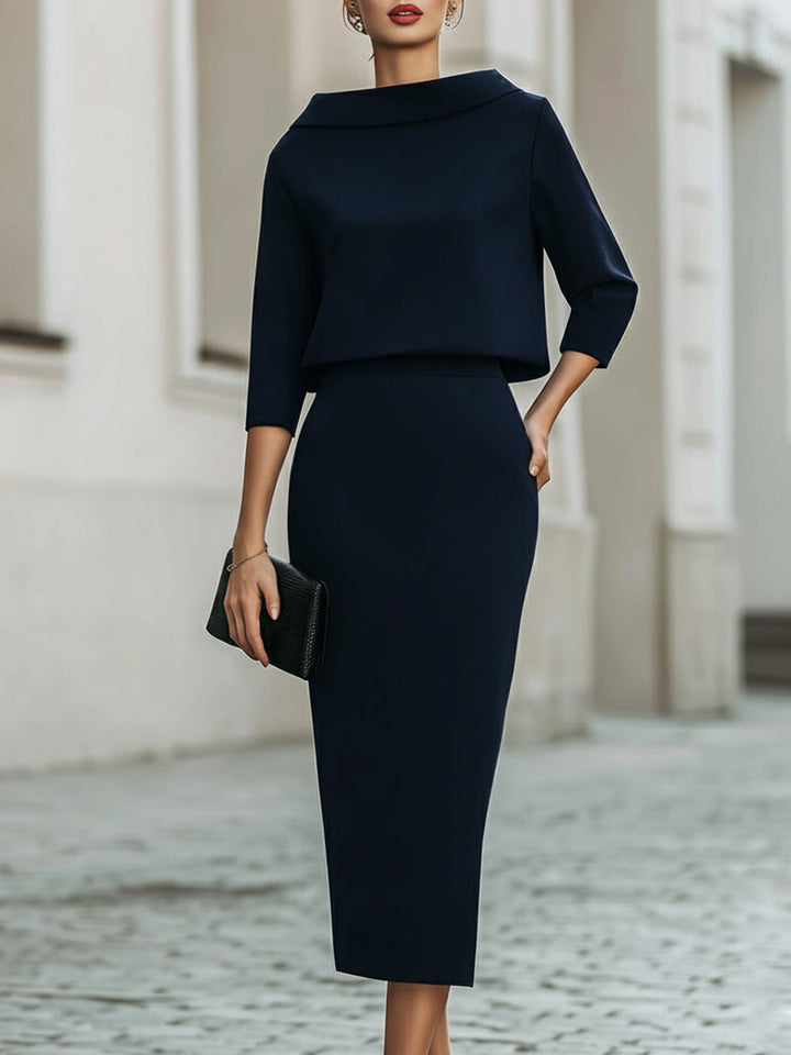 Boat Neck Top & Midi Skirt Set Casual Women's Set