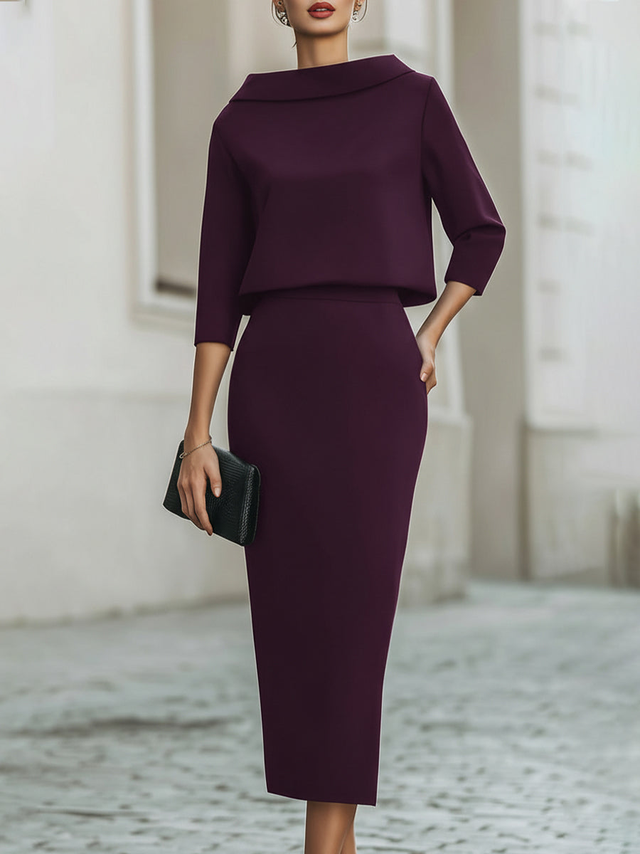 Boat Neck Top & Midi Skirt Set Casual Women's Set
