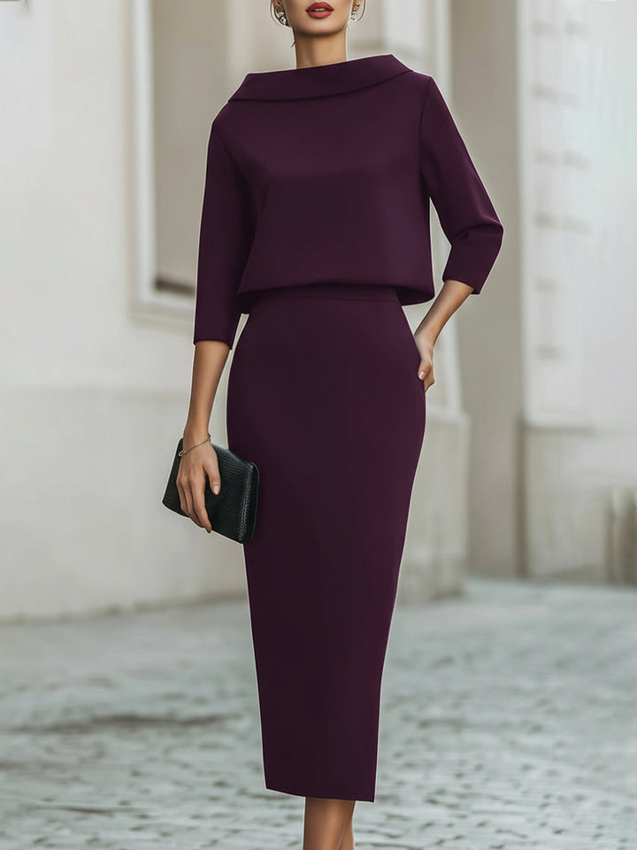 Boat Neck Top & Midi Skirt Set Casual Women's Set