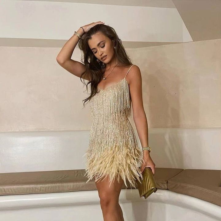 Mini Dress with Feathers in Elegant Style