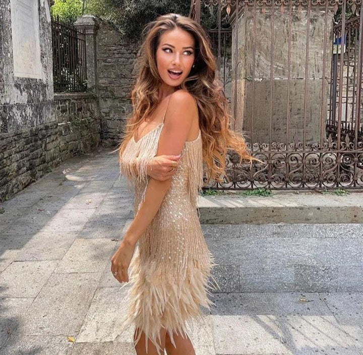 Mini Dress with Feathers in Elegant Style