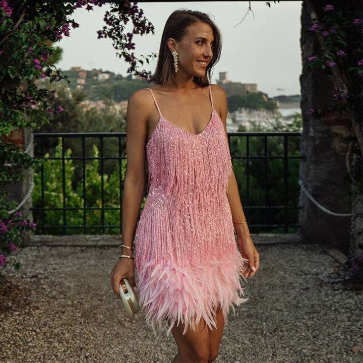 Mini Dress with Feathers in Elegant Style