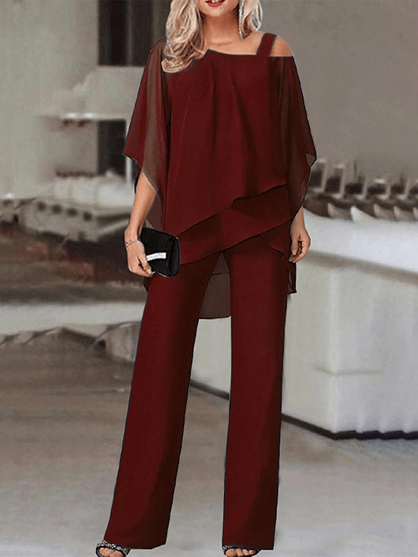 Two-piece set for women with chiffon top and wide trousers