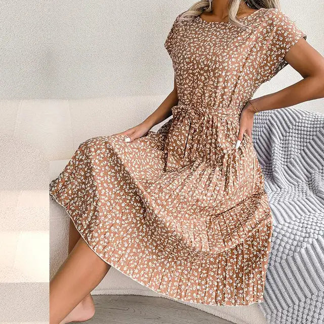 Women's Midi Dress with Short Sleeves and Waist Tie