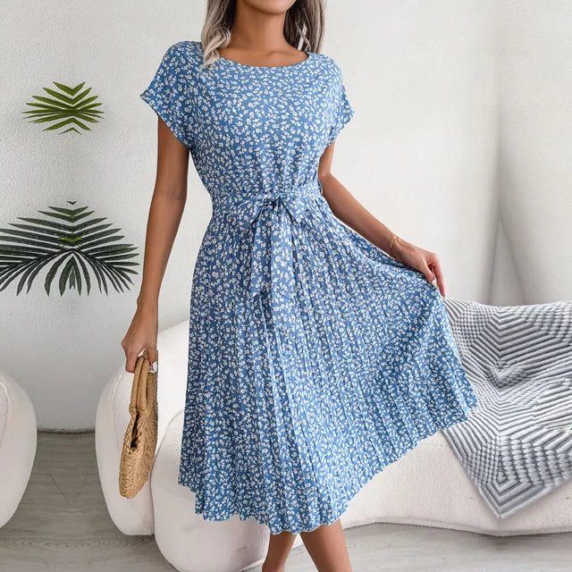 Women's Midi Dress with Short Sleeves and Waist Tie