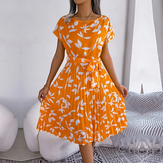 Women's Midi Dress with Short Sleeves and Waist Tie