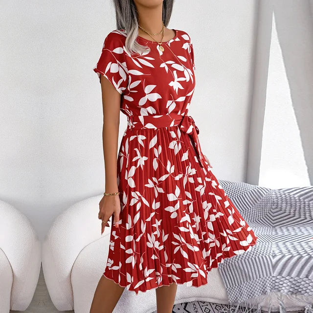 Women's Midi Dress with Short Sleeves and Waist Tie