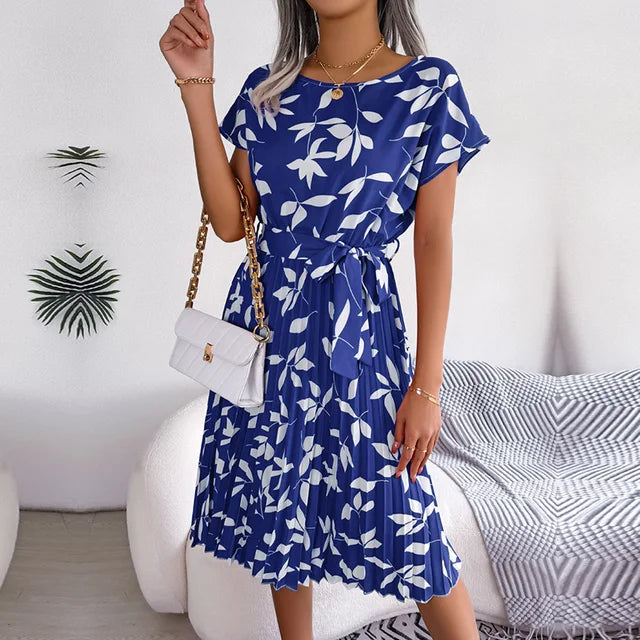 Women's Midi Dress with Short Sleeves and Waist Tie