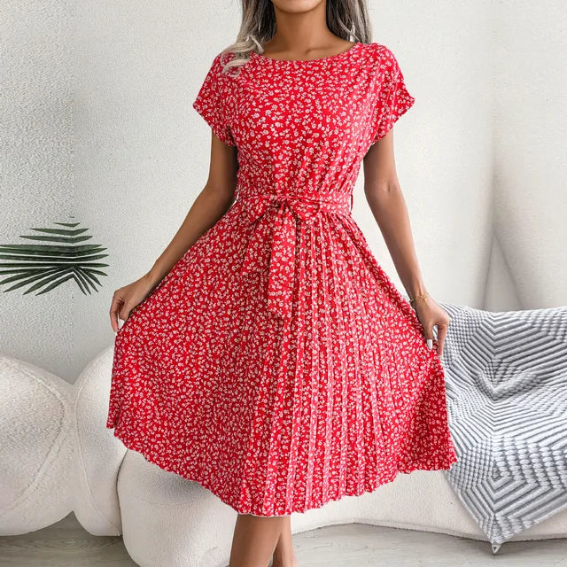 Women's Midi Dress with Short Sleeves and Waist Tie