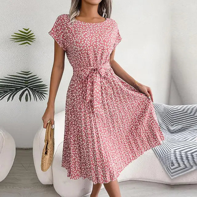 Women's Midi Dress with Short Sleeves and Waist Tie
