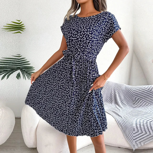 Women's Midi Dress with Short Sleeves and Waist Tie