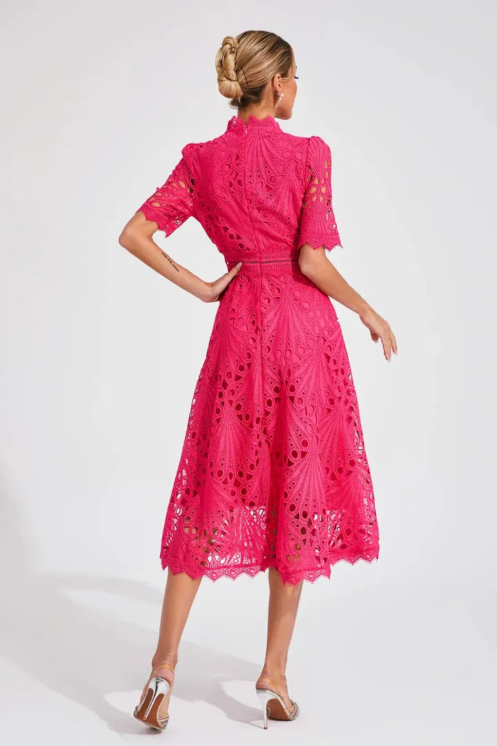 Lace Midi A-Line Dress with High Neck